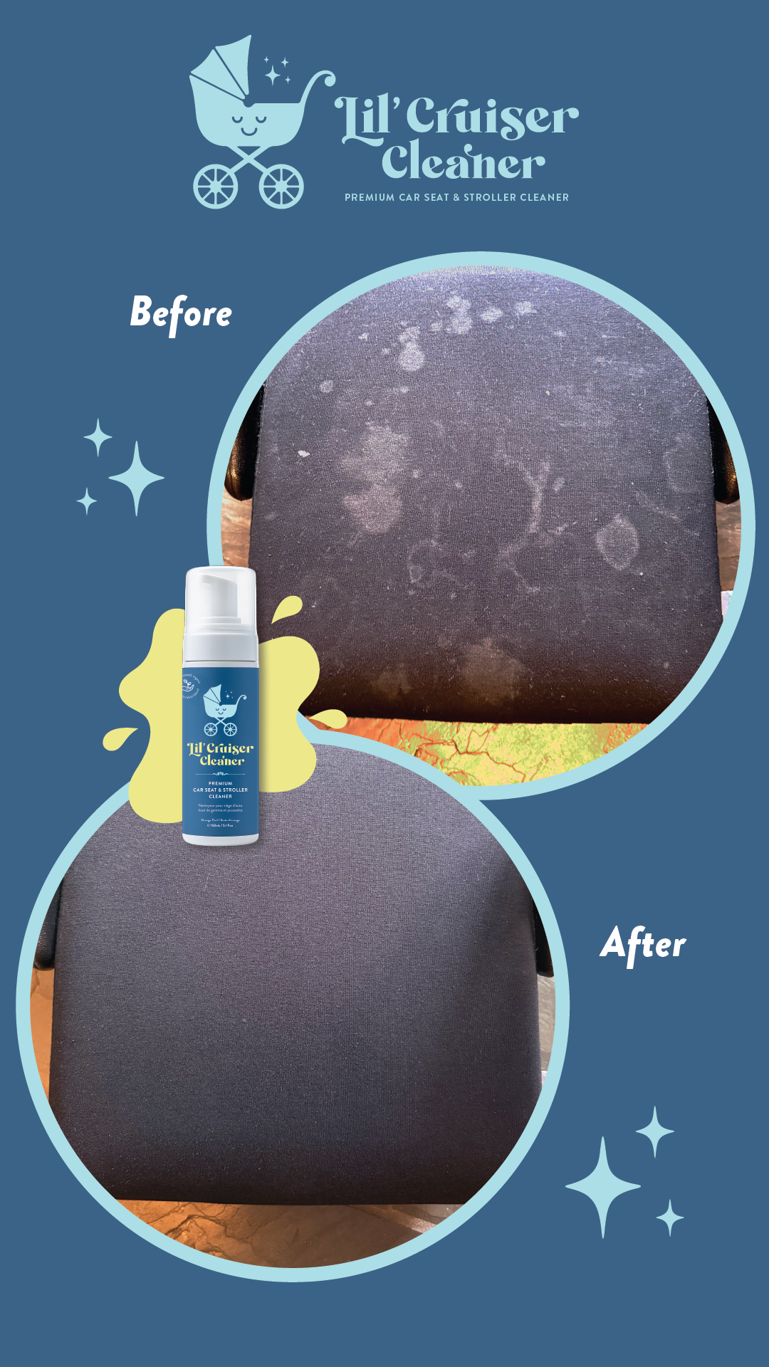 Lil' Cruiser Cleaner product with 'Before' and 'After' comparison on a blue background