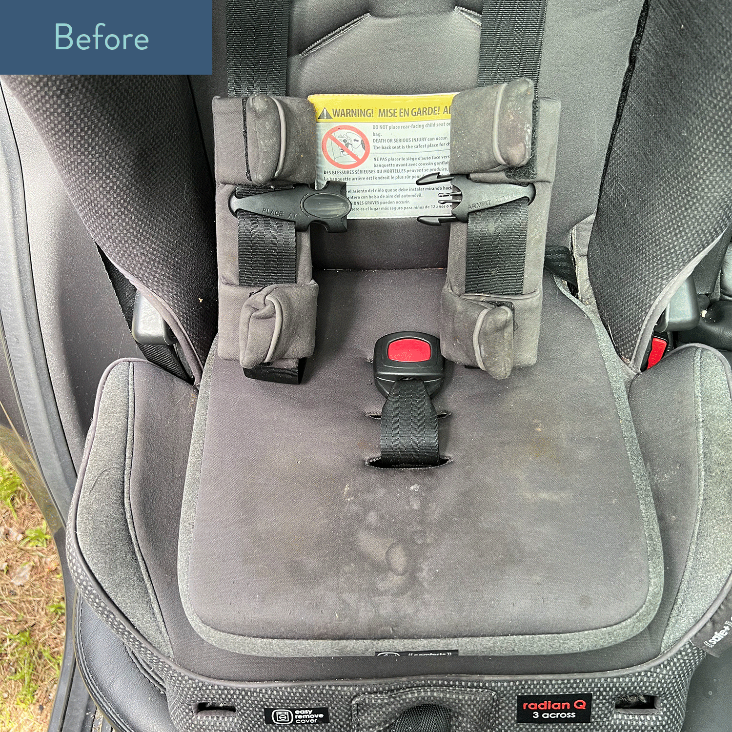 Before and after images of a car seat cleaning with dirty mitt and food stains on the fabric.