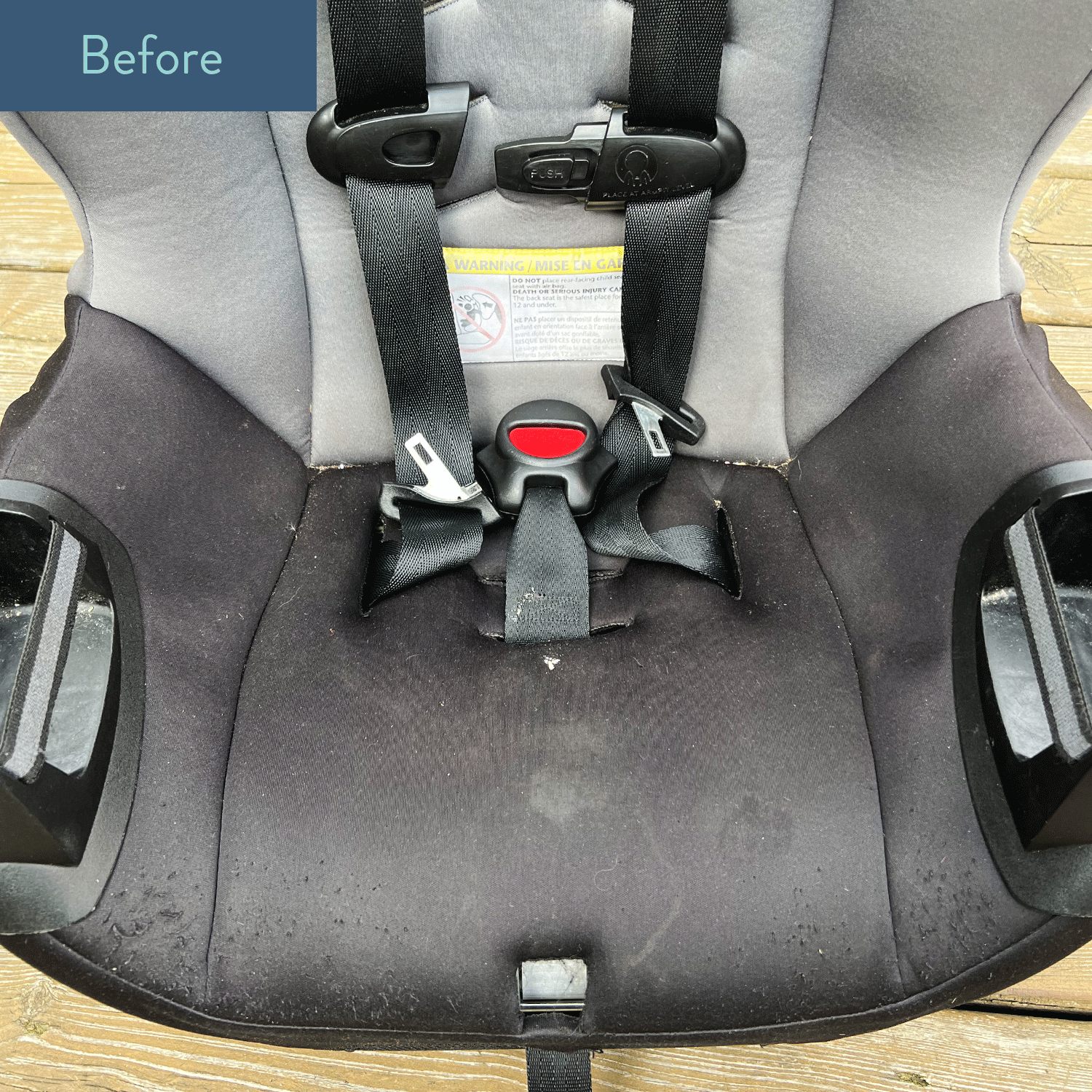 Before and after cleaning of a dirty car seat