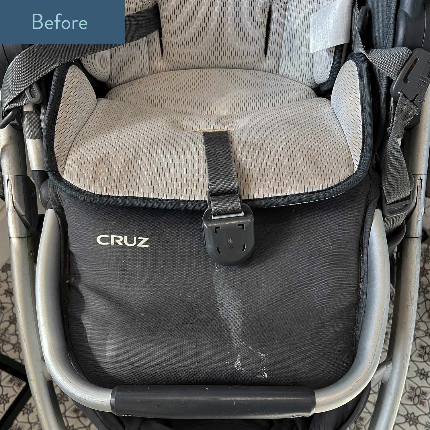 Before and after cleaning of a Cruz stroller with seat cushion. 