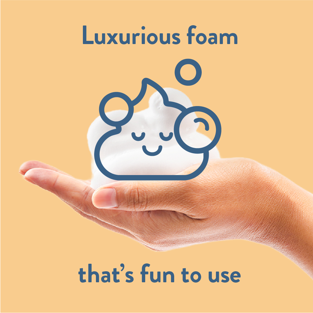 Hand holding a cartoon depiction of luxurious foam with text on a yellow background