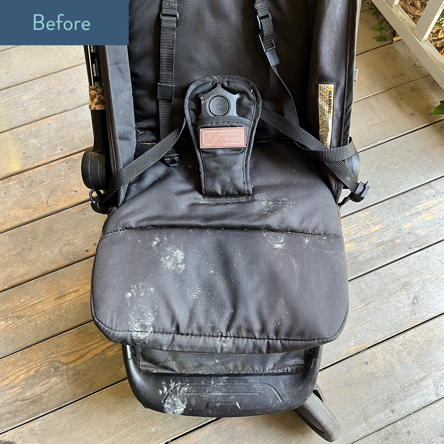 Before and after cleaning of a dirty black stroller with stains on the fabric and chassie.