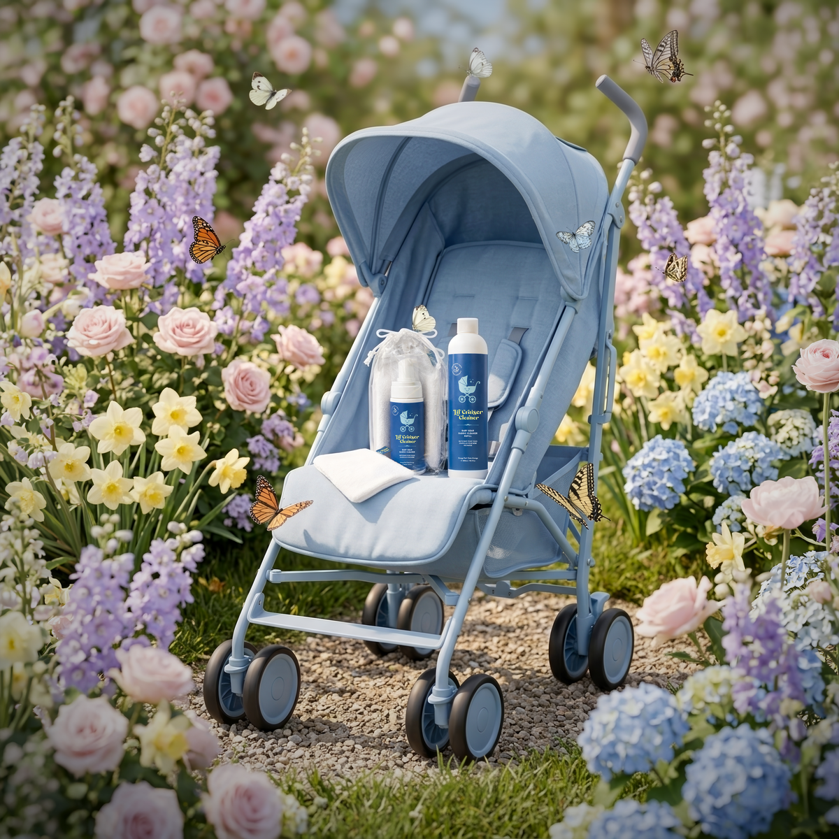Lil’ Cruiser Cleaner foam cleaner, mitts and travel tote arranged on a stroller
