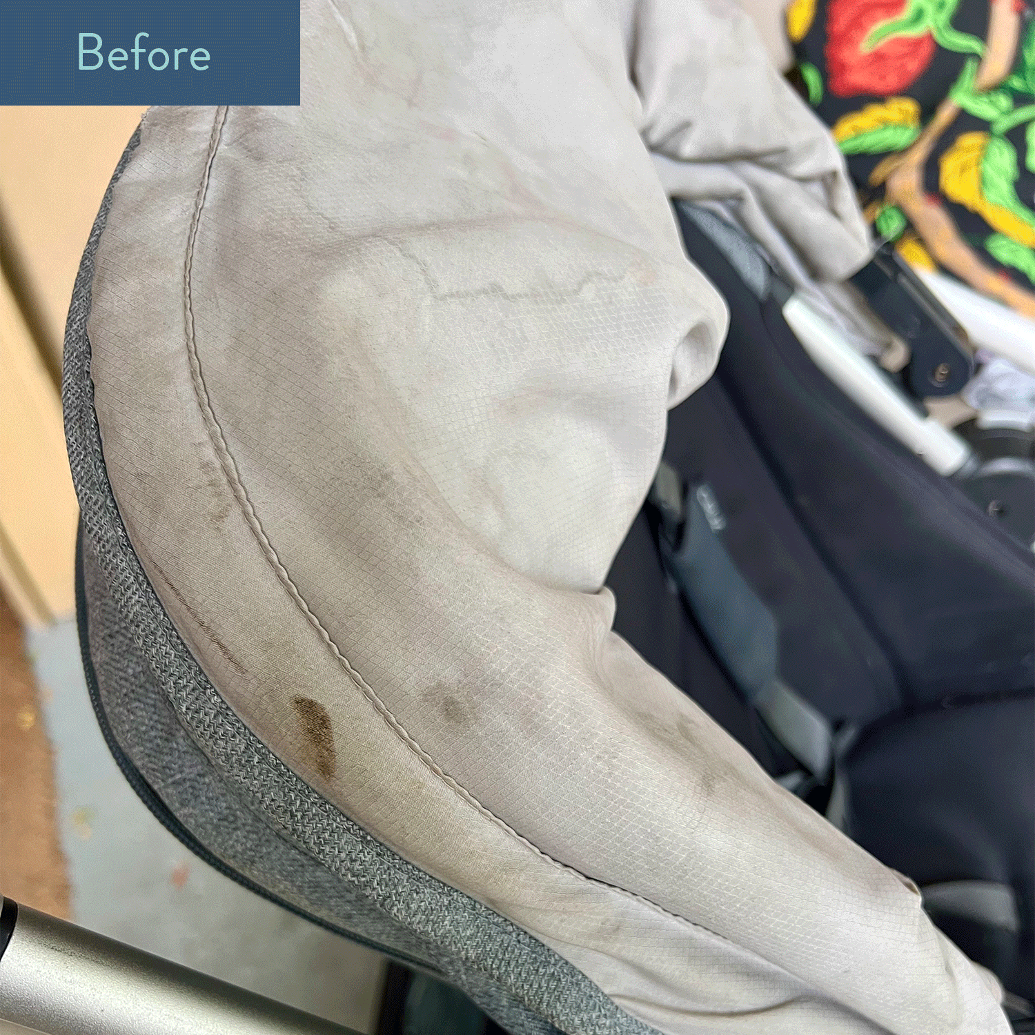Before and after cleaning of a dirty stroller